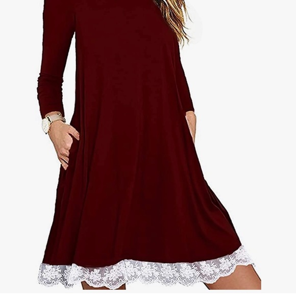 🔥 Women's Long Sleeve Lace Hem T-Shirt Loose Dress with Pockets - Picture 2 of 4
